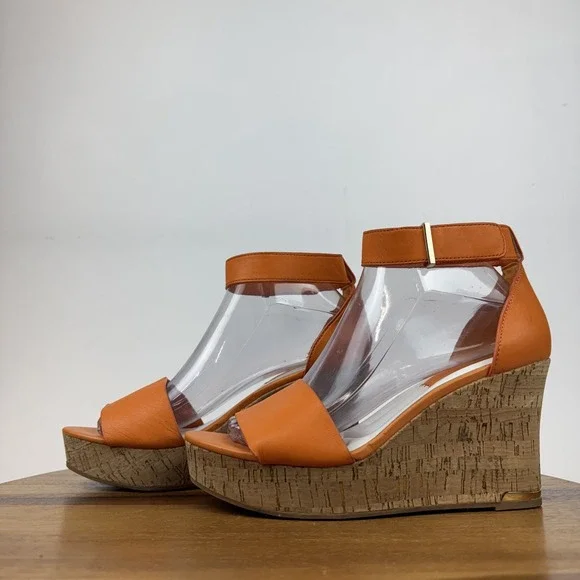 Womens‎ Franco Sarto Clemens Cork Orange Leather Platform Wedge Sandals Size 7.5 - Picture 2 of 8